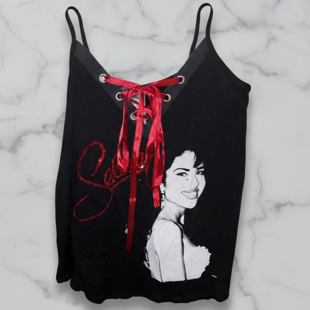 Selena Lace-Up Ribbon Spaghetti Strap Black/Red Retro Cami Edgy Women’s Size S
